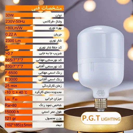 مشخصات لامپ 30 وات استوانهای pgt